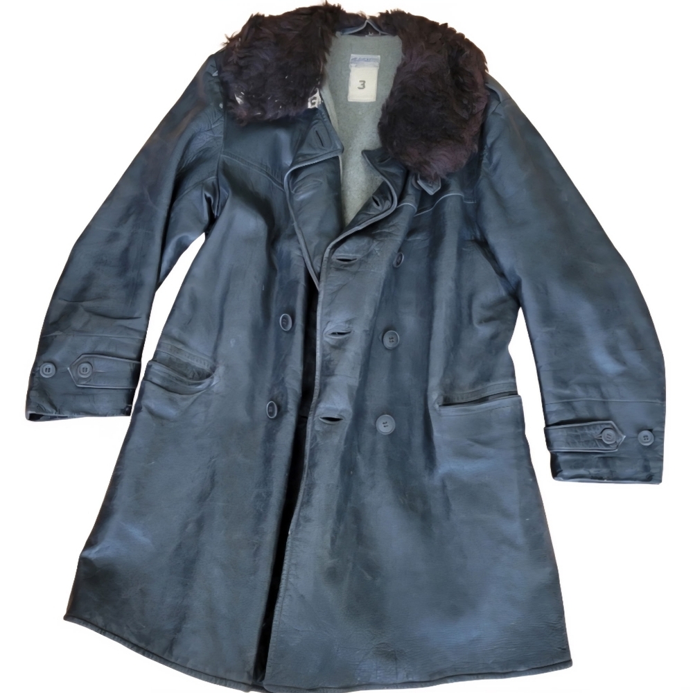 Vintage 40s WWII Swedish Horsehide Leather Coat Curly Lambskin